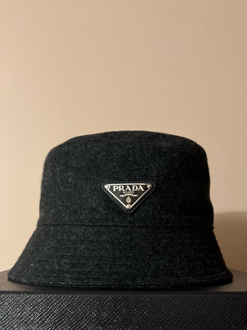 Prada Black Felt Logo Bucket Hat